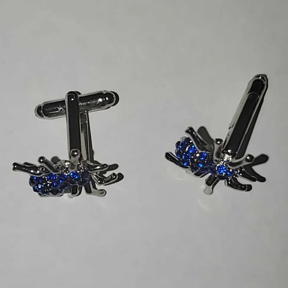 NWT Silver Plated & Bright Blue Rhinestone Creepy Spider Cufflinks